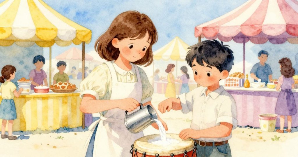 Adele在熱鬧市集中操作糖旋機，神情專注，周圍人群歡呼，Wyatt站在旁邊注視現場，氛圍活力溫暖