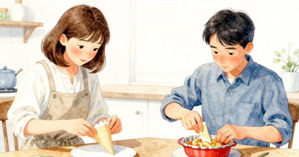 畫面分割展示Adele調整紙錐控制糖絲，Wyatt細心抹平托盤上鋁箔，場景充滿專注與溫馨