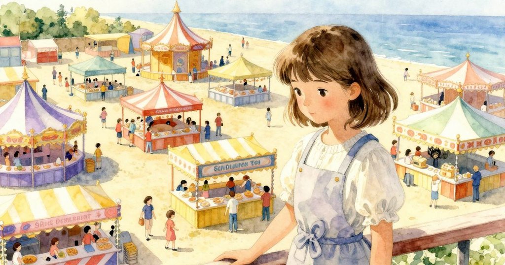 從高處俯瞰整個市集，攤位有序，車輛移動中，Adele靜立傾聽機器發出柔和聲音