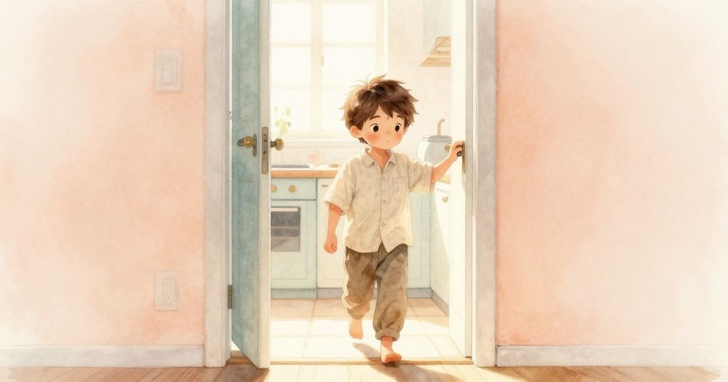 Remy 走進溫暖廚房，透過門框進入，晨光照亮桌上麵粉和發酵瓶，神情期待而好奇。