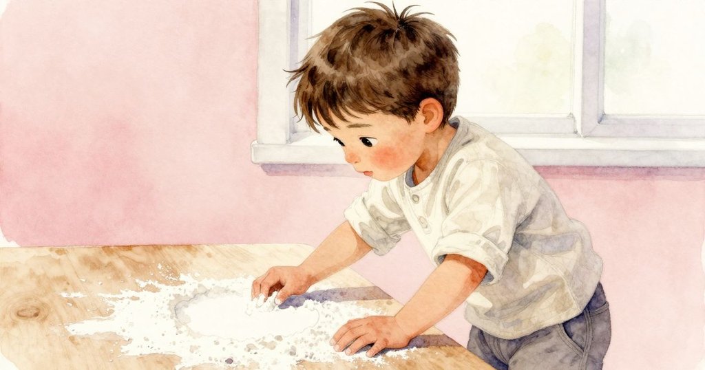 Remy 專注地輕掃麵粉，近距離展示櫃台上缺失的銀匙輪廓，感覺謎團讓他略顯疑惑。