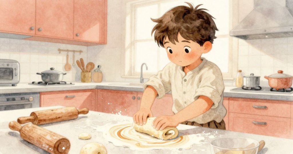 Remy 在扭曲視角中觀察發酵麵團，氣泡起伏與失落瓷匙輪廓營造奇異動感，神情集中。