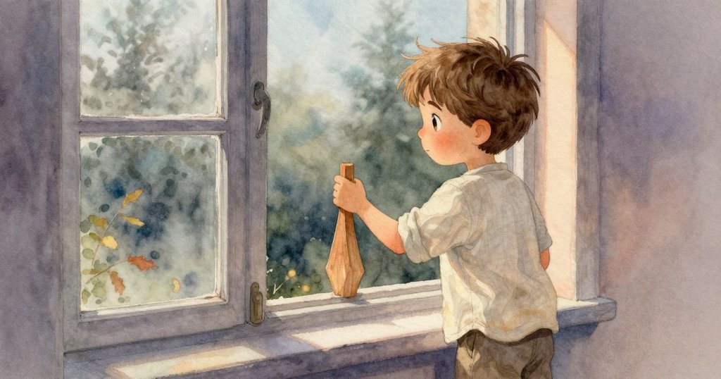 Remy 靠近窗邊動手處理木製工具，傍晚微涼光線映襯廚房內部，背景透出秋季景致。