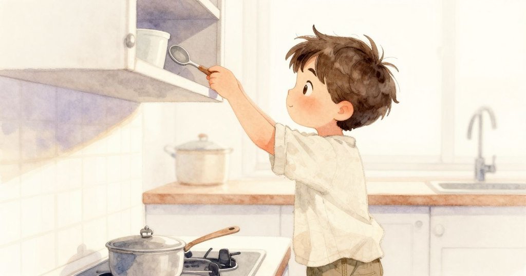 Remy 將清潔後的瓷匙放上高架，選用木質工具揉麵，晚光籠罩廚房，帶來寧靜結局。