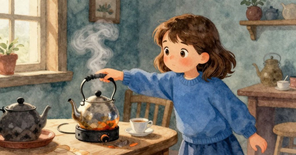 露比專注伸手觸碰冒煙水壺,溫暖茶室中蒸氣繚繞,表現出寧靜與期盼的開場情景