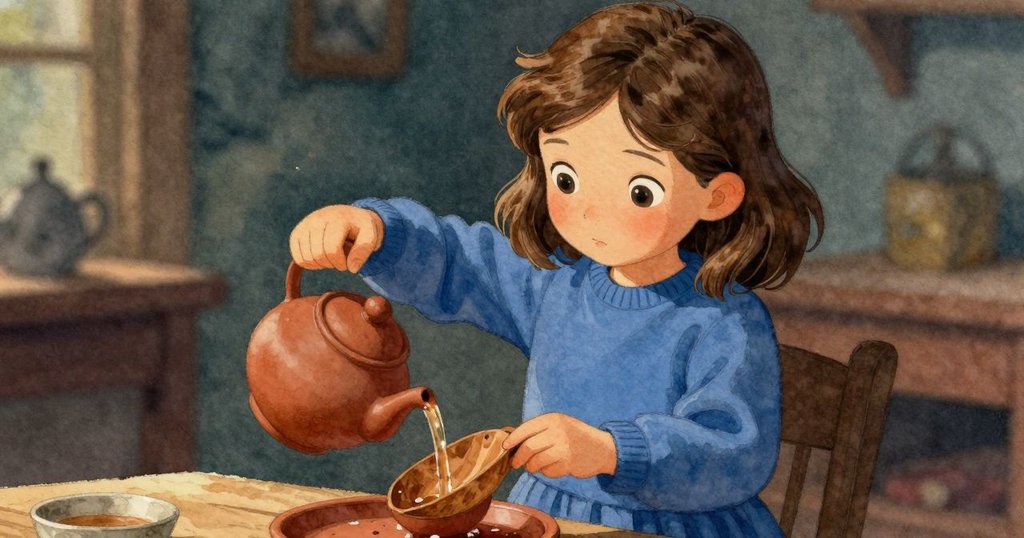 露比仔細倒茶,站在散發溫暖光芒的陶壺與刻有歲月痕跡的木勺之間,呈現出傳統對比的美感