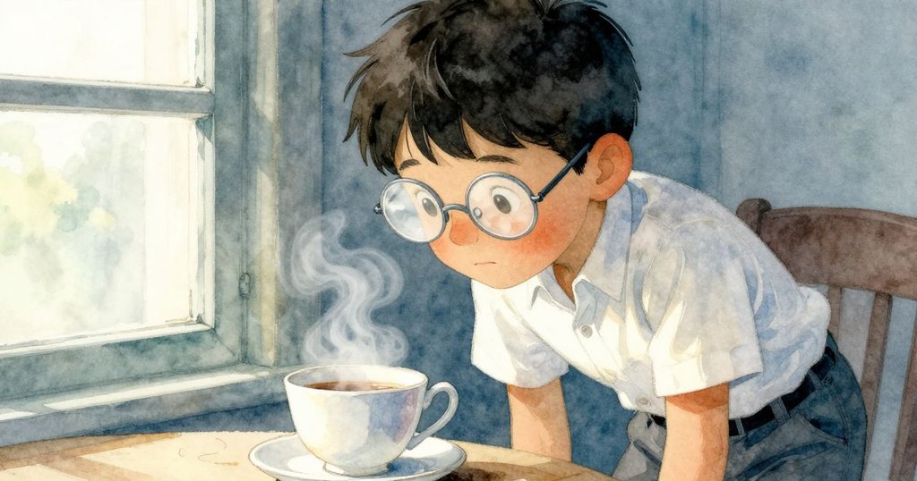 蓋瑞斯凝視冒煙茶杯,蒸氣使眼鏡微霧,透過窗框展現專注與溫柔的氛圍