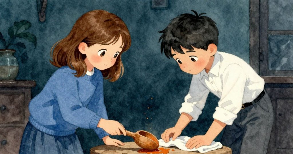 露比彎腰撿起木勺,蓋瑞斯用布輕拭桌上微微濕潤的茶漬,展現出默契與關懷