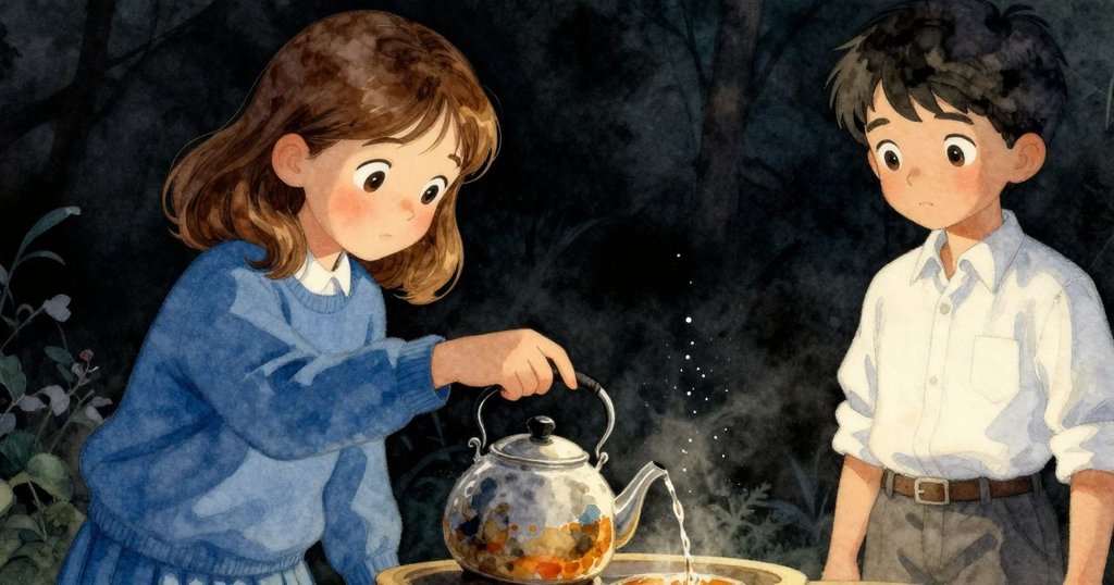 露比停下倒茶動作,手上茶水緩緩溢出在蓋瑞斯袖邊,捕捉到轉折前短暫而緊張的瞬間