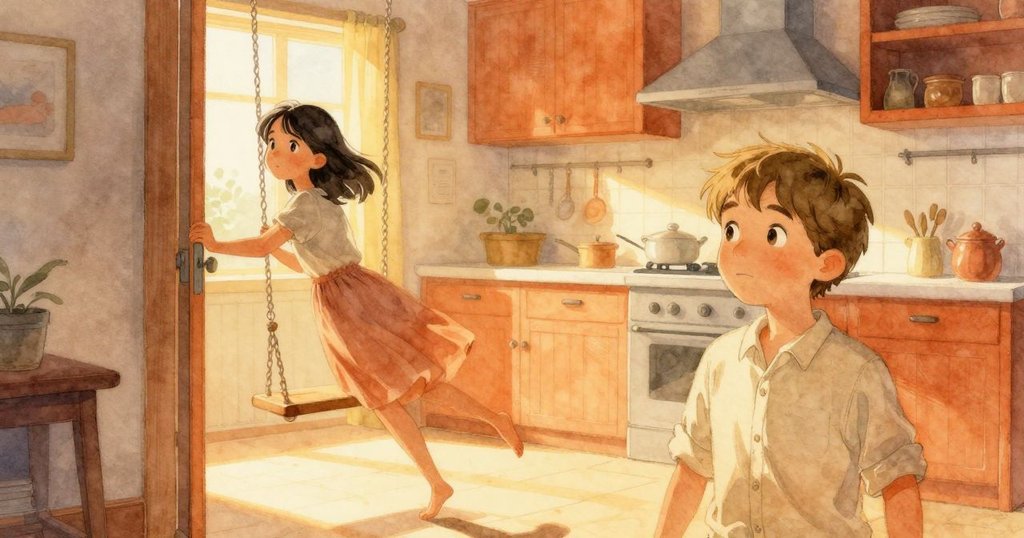 Quinn推開廚房門，Bea輕步走向水槽，陽光灑落於閃爍檯面上，帶有溫暖晨霧氣息