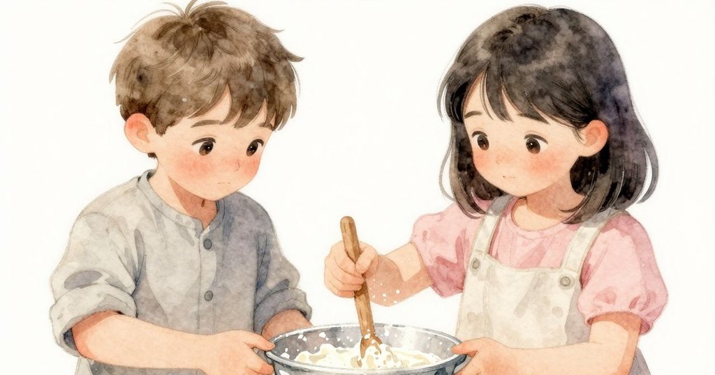 Quinn專注攪拌發酵糊狀混合物，他的手明顯，細看粉與水融合，溫暖柔光照射