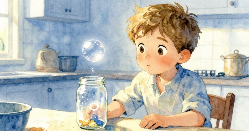 從高角度看見瓶中泡泡冒起分裂，Quinn注視著這奇妙時刻，廚房檯面上飄散著微妙的粉塵