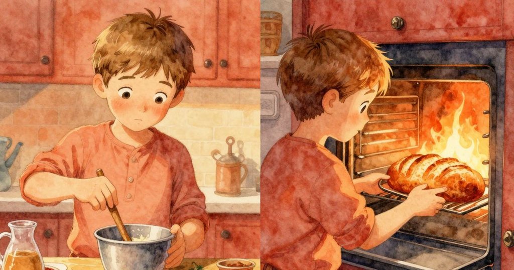 雙重現實畫面，左側Quinn認真攪拌發酵液，右側注視烤箱中金黃麵包，分屏展現過去與現在