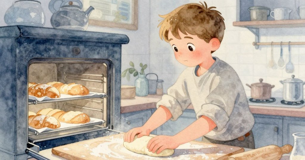 Quinn細心塑形麵團並從烤箱取出金黃麵包，溫室中散發蒸氣，故事邁向下一步