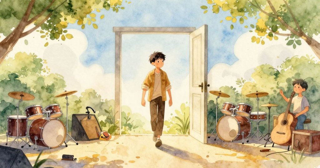 Jarvis 踏入溫暖舞台，背景有樂器零散擺放，充滿期待與動作的氣氛