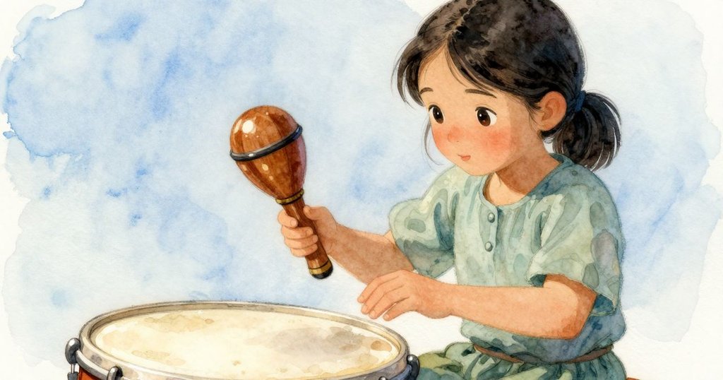 近距離展現鼓的清晰細節與光澤，Tara 在一旁精細調整搖鈴，光影柔和