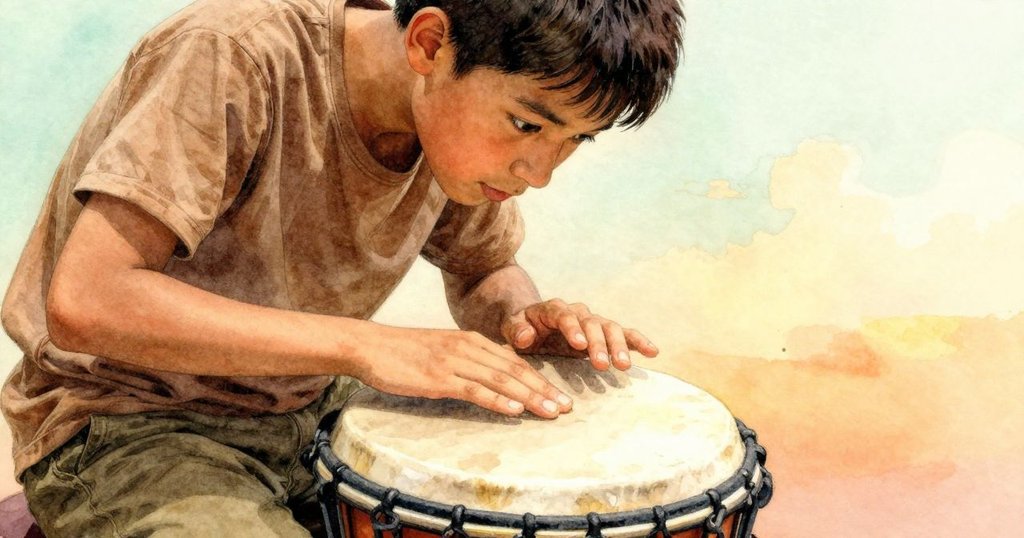 Jarvis 聚精會神地仔細觸碰鼓皮，表情透露內心衝突與期待，細節清楚呈現