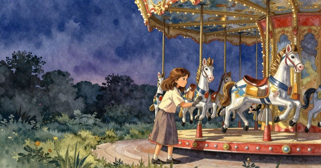 Gwen在黎明時分走向旋轉木馬，用戴手套的手輕觸彩繪馬鞍，充滿期待與專注，背景中有柔和早晨光線