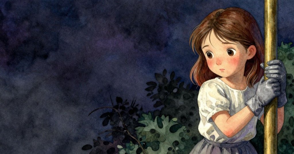 Gwen用戴手套的手輕觸黃銅柱，背景留白強調空曠感，光線柔和，展現專注與沉思的瞬間