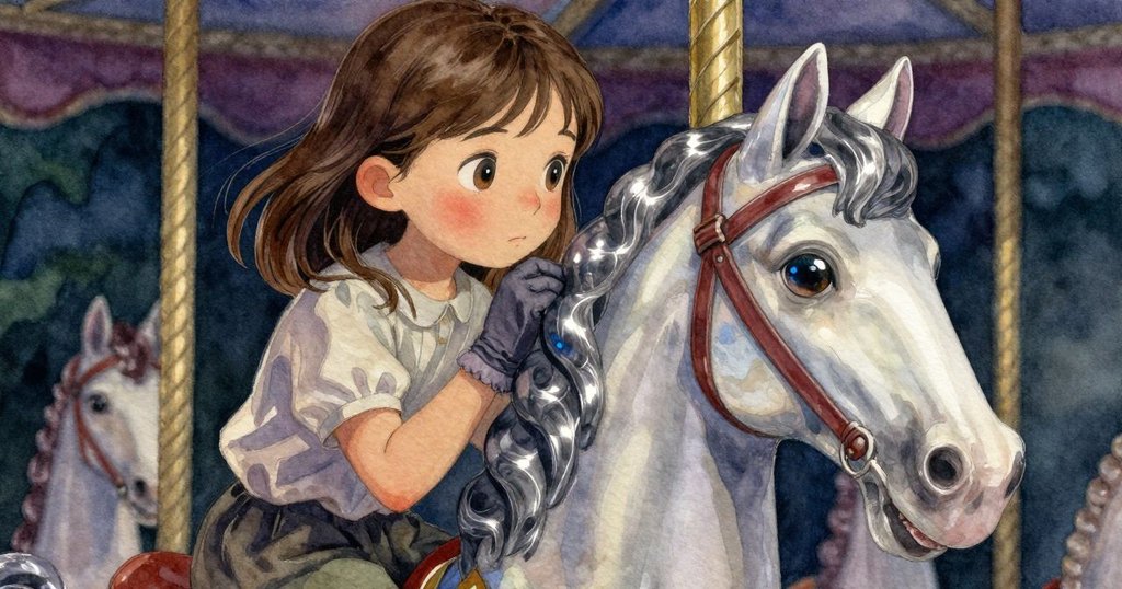 Gwen注視旋轉木馬馬匹的玻璃眼，燈光在眼內閃爍，她眼神專注，創意之光悄然綻放