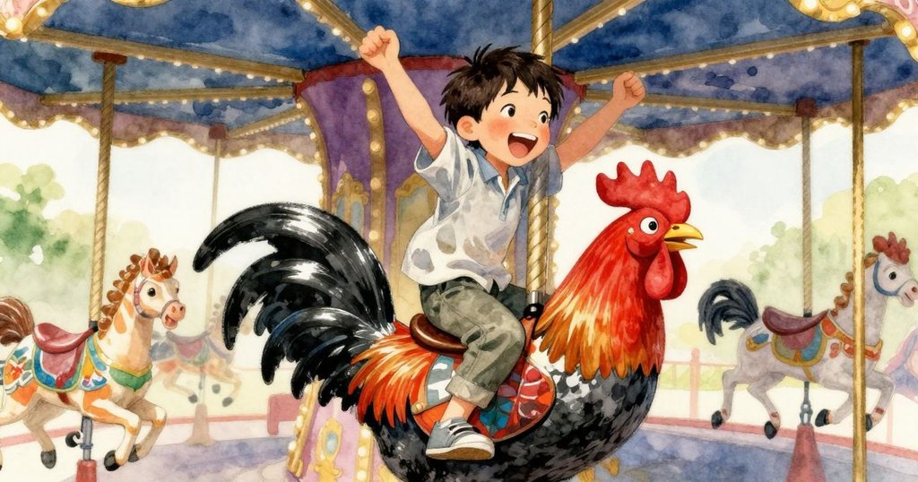 男孩坐在彩繪公雞上盡情大笑，動作活潑與旋轉木馬形成鮮明對比，營造歡樂輕鬆的氣氛