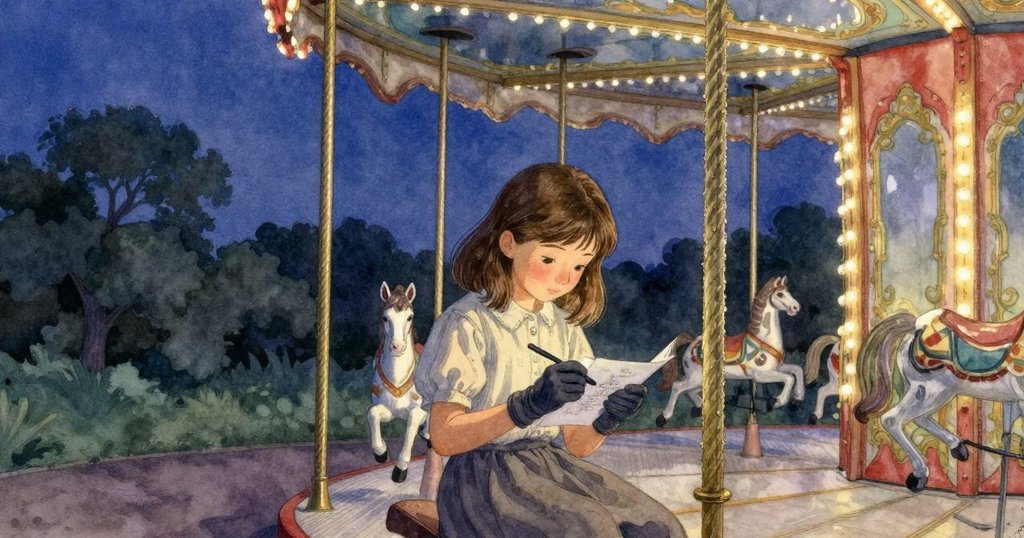 傍晚時分，Gwen帶著寧靜微笑合上畫冊，旋轉木馬緩緩停下，黃銅柱上露水閃爍，呈現平和結局