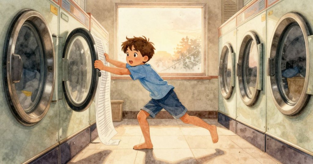 Yannick 正在滑動乾衣機的絨毛篩，手部動作活躍，背景為夕陽映照洗衣店內部，呈現溫暖探索場景