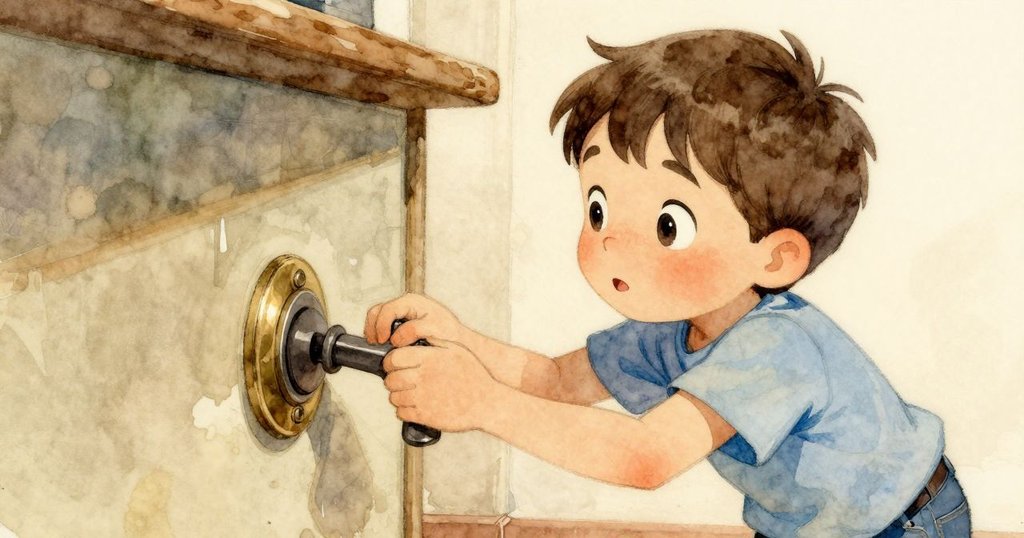 Yannick 仔細觀察乾衣機內隱藏的槓桿，眼神專注且流露驚奇，背景柔和燈光襯托室內環境