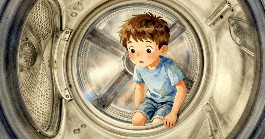 彎曲視角中展現乾衣機滾筒、絨毛篩和微弱藍火之間的互動，細膩動態充滿神秘感