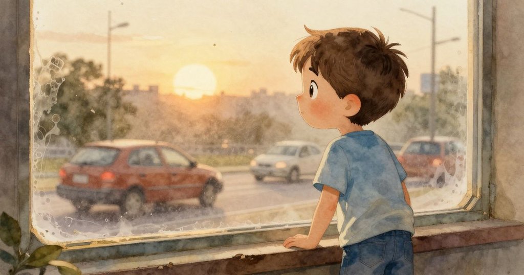 Yannick 站在霧化窗邊凝視門外，夕陽銅光灑落於車輛上，展現室內外溫暖融合的景象