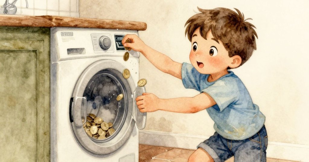 Yannick 將硬幣輕放入洗衣機槽，幾枚硬幣於空中飄落，伴隨機器吞水聲，展現動感互動