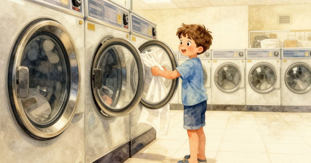 Yannick 最後將絨毛篩調回原位，整個洗衣店恢復平穩韻律，呈現安定與諧和的氛圍