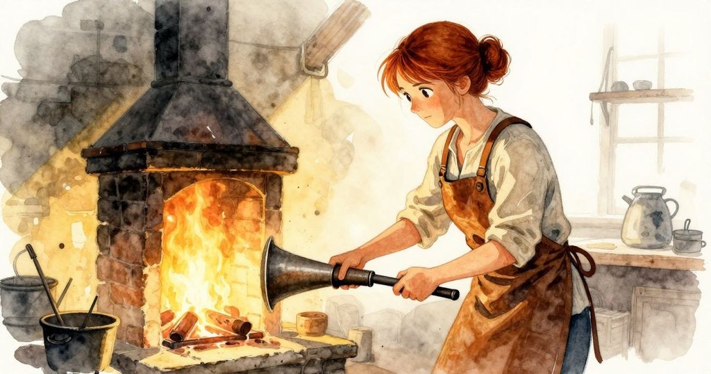 在溫暖工房中，Sara在鐵砧前操作風箱，火光明亮映出她堅定的身影與工房老工具。