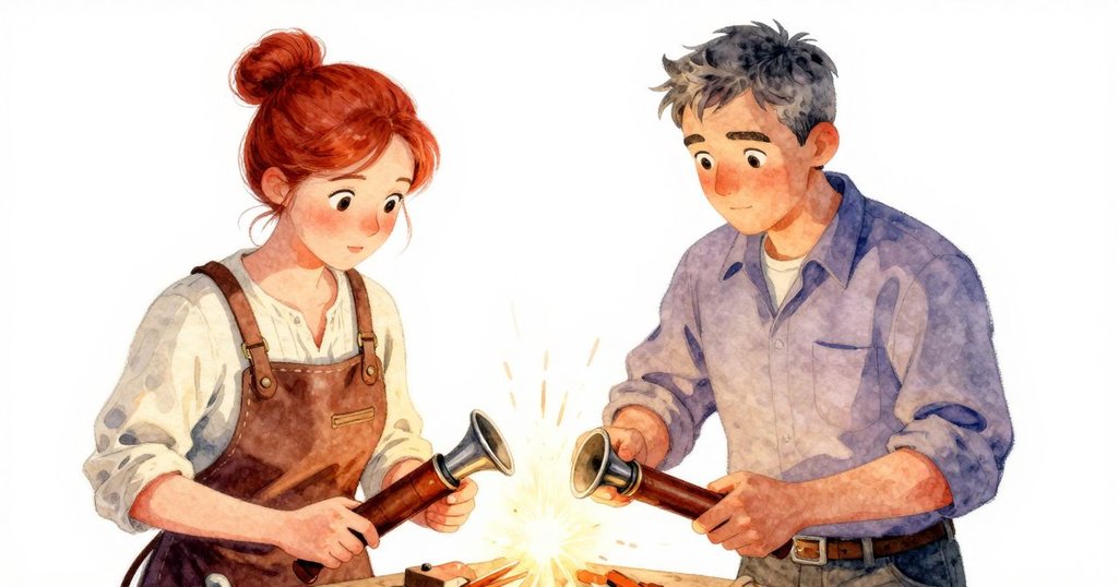 Sara專注操作風箱的雙手清晰展現，火花飛舞中隱現鐵砧上秘密縫線，工房細節豐富。