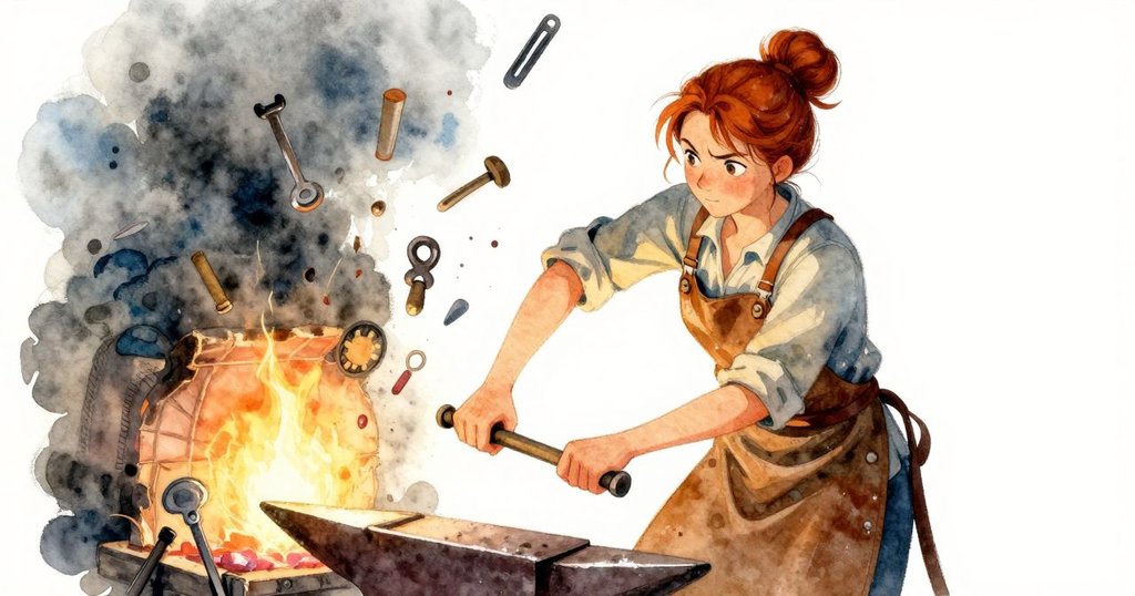 工具從鐵砧上散落，以變形視角展現，Sara忙於撿拾飛散工具，工房中火光與陰影交錯動感十足。