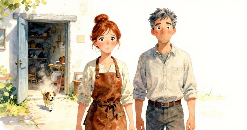 工房門口外，一隻小狗輕快穿過陽光照耀的巷道，揚起塵土，室內外光影自然融合，氣氛溫暖。