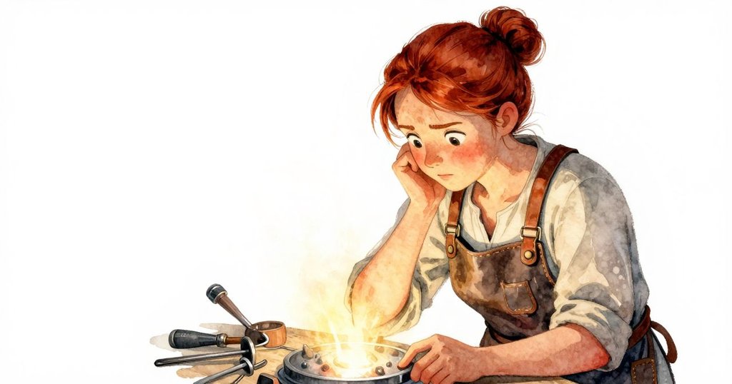 Sara在發光金屬前停頓，神情思索與內心掙扎，四周散落工具映襯出她專注與猶豫的瞬間。