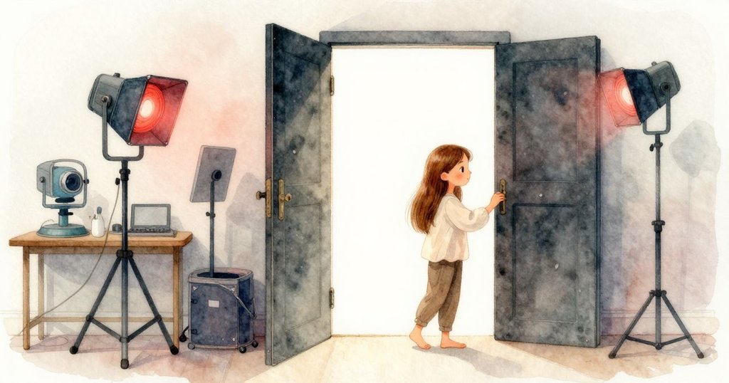 莉拉站在暗房門口觀察忙碌設備,紅燈柔光映照下充滿期待與好奇的場景