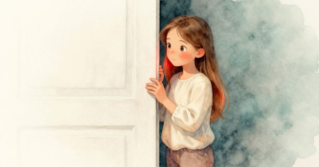 莉拉透過半掩門縫凝視內部,紅燈映照她專注面容,細數計時輪節奏,情感明顯流露