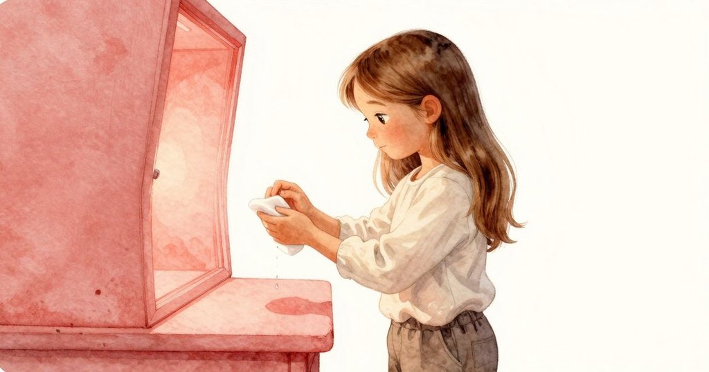 莉拉輕拭衣袖上滑落的水滴,紅燈下工作台影子跳躍,營造出細膩與神秘氣氛