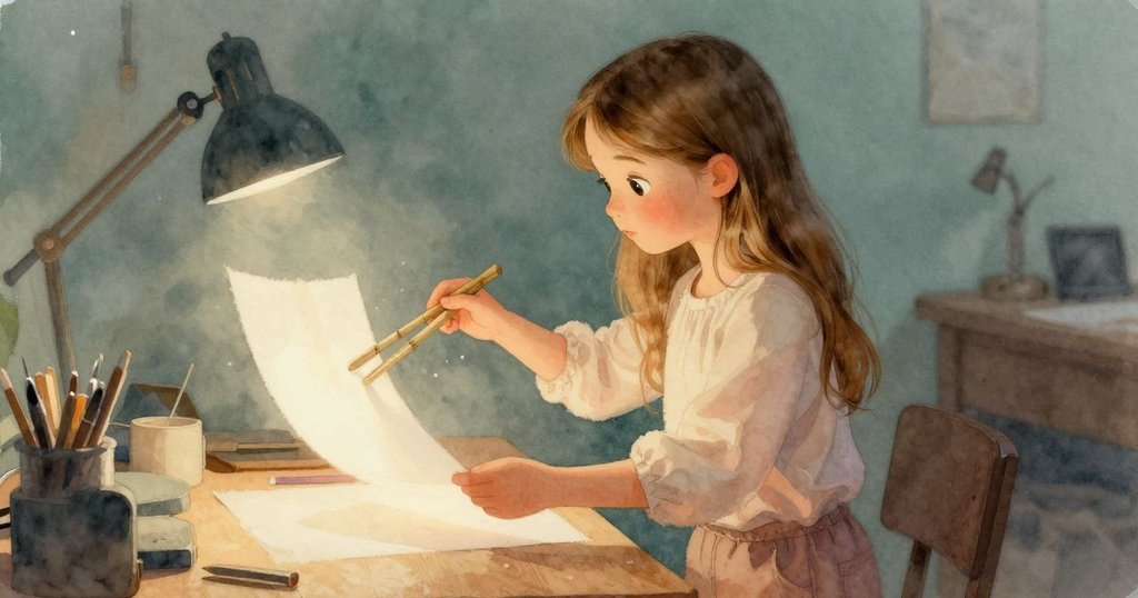 莉拉用竹夾子小心提起紙張,燈光投射下圖像逐漸褪色,手法精細且充滿認真神情