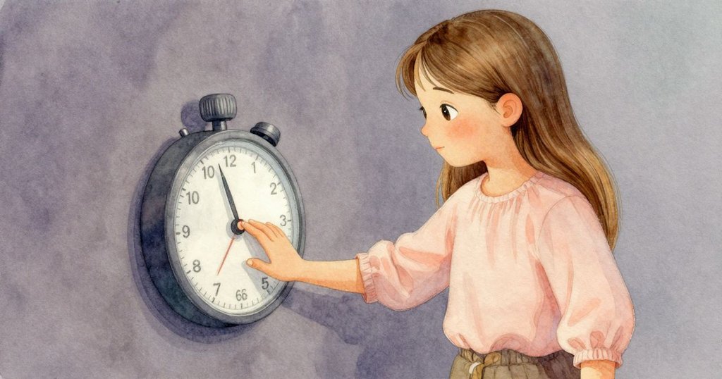 莉拉輕觸計時輪使其停轉,專注的手勢象徵著掌握時間,溫柔光線中流露出決心與穩定