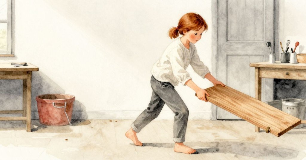 弗蕾雅踏入溫暖工作室，門口木板揮動，工作台上琥珀發出柔和光芒，表情專注好奇