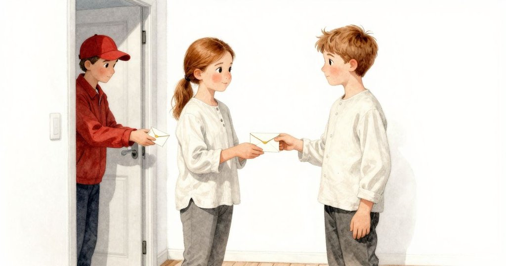 弗蕾雅步入陰暗走廊，門口陽光照亮快遞員與信封交換瞬間，隱秘角落中透出緊張氣氛