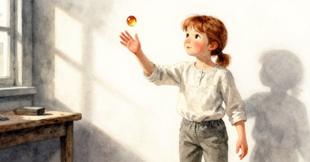 弗蕾雅在工作室中停頓，手懸空於琥珀上，聚焦綠色螺旋細節，燈光現出決斷瞬間，環境靜謐