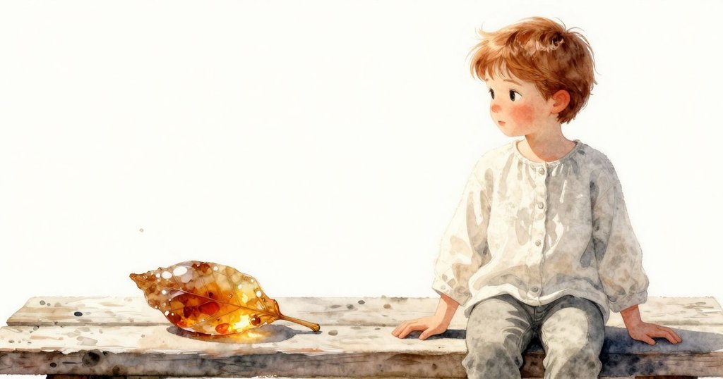 縮小視角呈現工作台上琥珀與放大鏡，細緻葉片與微小氣泡盡收眼底，弗蕾雅輕撫研究，發現結束