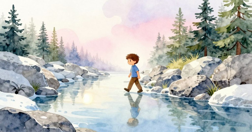 Vernon在石頭河岸上行走，晨光映照水面，動態表情展現發現自然奇景，背景有閃耀的石頭與流動光影