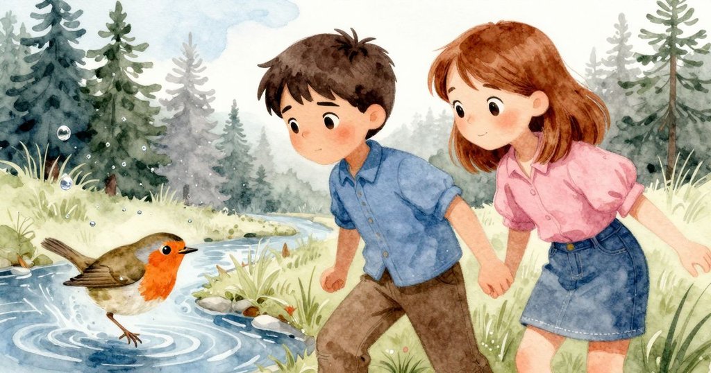 一隻知更鳥在石溝邊快步跳躍，捕捉蚯蚓，晨光與薄霧互動營造出閃爍奇景，細節生動