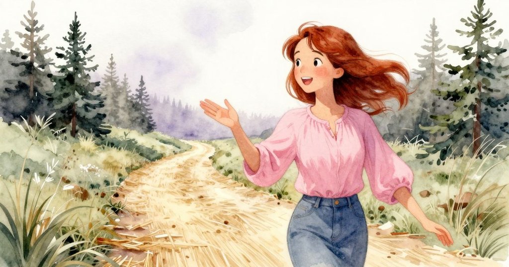 Nina站在河邊蜿蜒小徑上，隨風搖曳的稻草襯托出她熱情招呼Vernon，晨光灑落環境溫暖動人