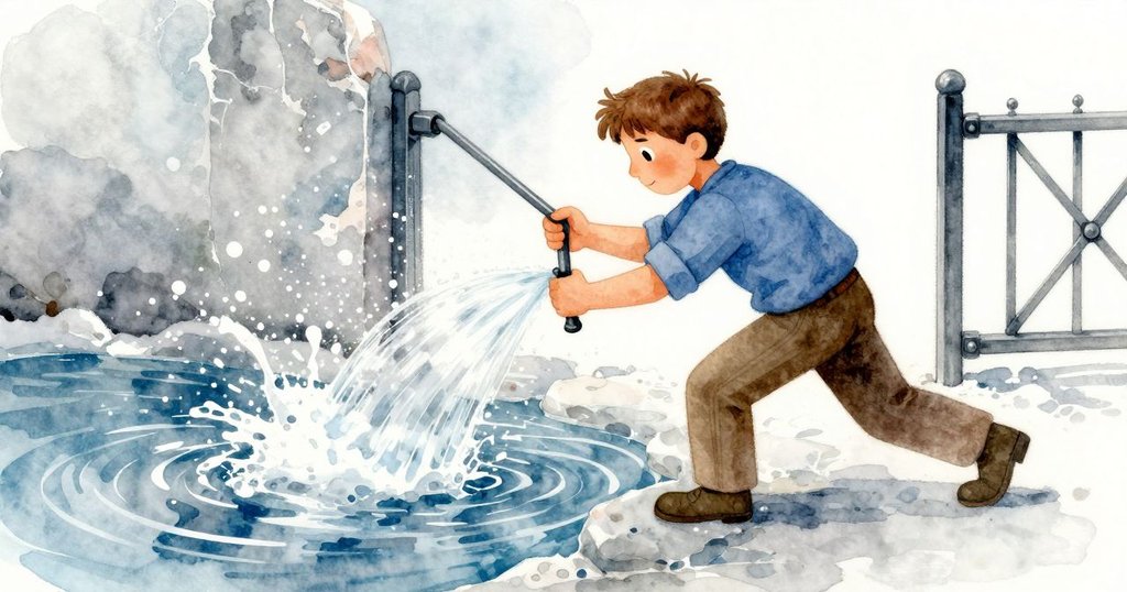 Vernon操作閘門時水流突然湧出，濺起水珠激起知更鳥四散，動態場面充滿緊張與力量感